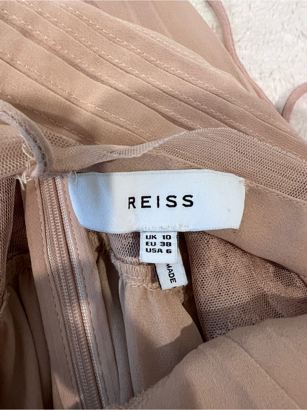 REISS Blush Pink Pleated Midi Dress Lace Waist Silk Look Chiffon US 6 - Picture 9 of 11